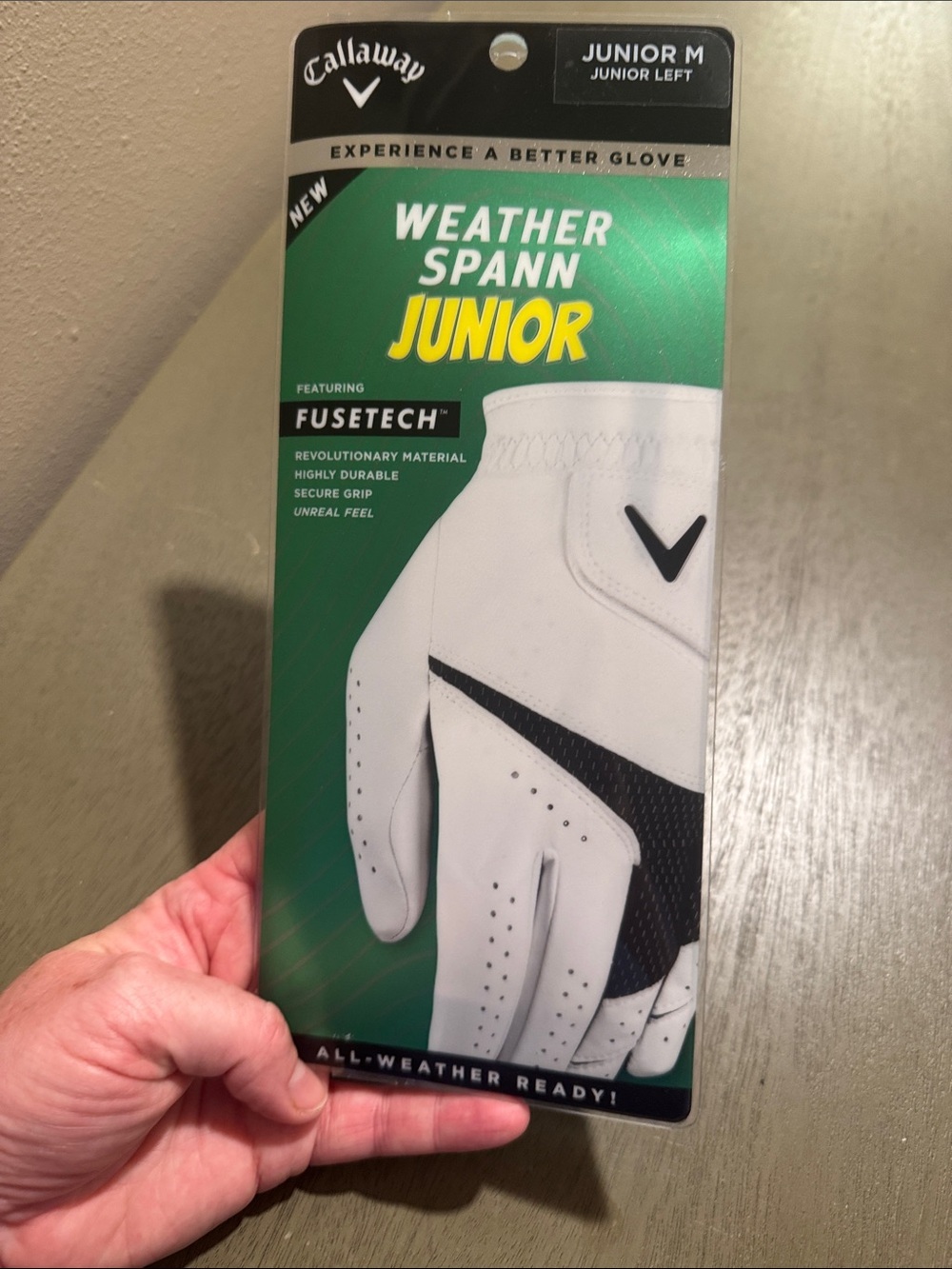 Callaway Weather Spann Junior Left Golf Glove in White and Black